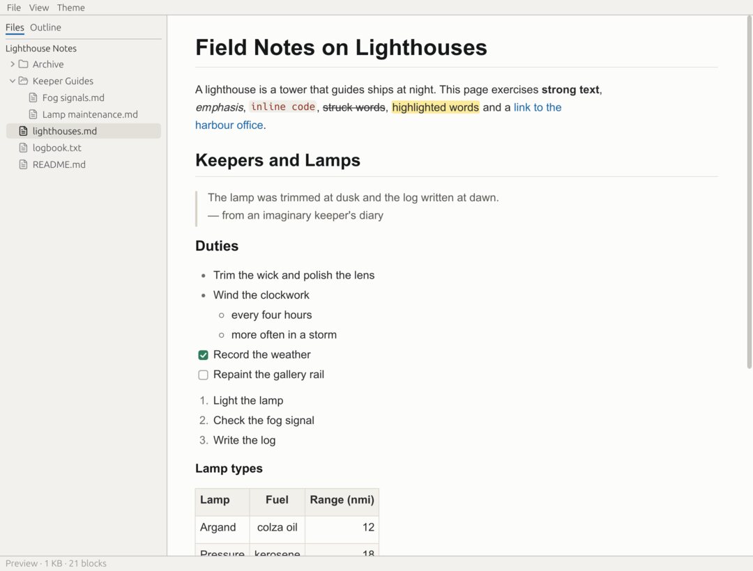 Markise in its default light theme: a file tree on the left with a folder of notes, and a document with headings, a quote, bullet and task lists and a table on the right.