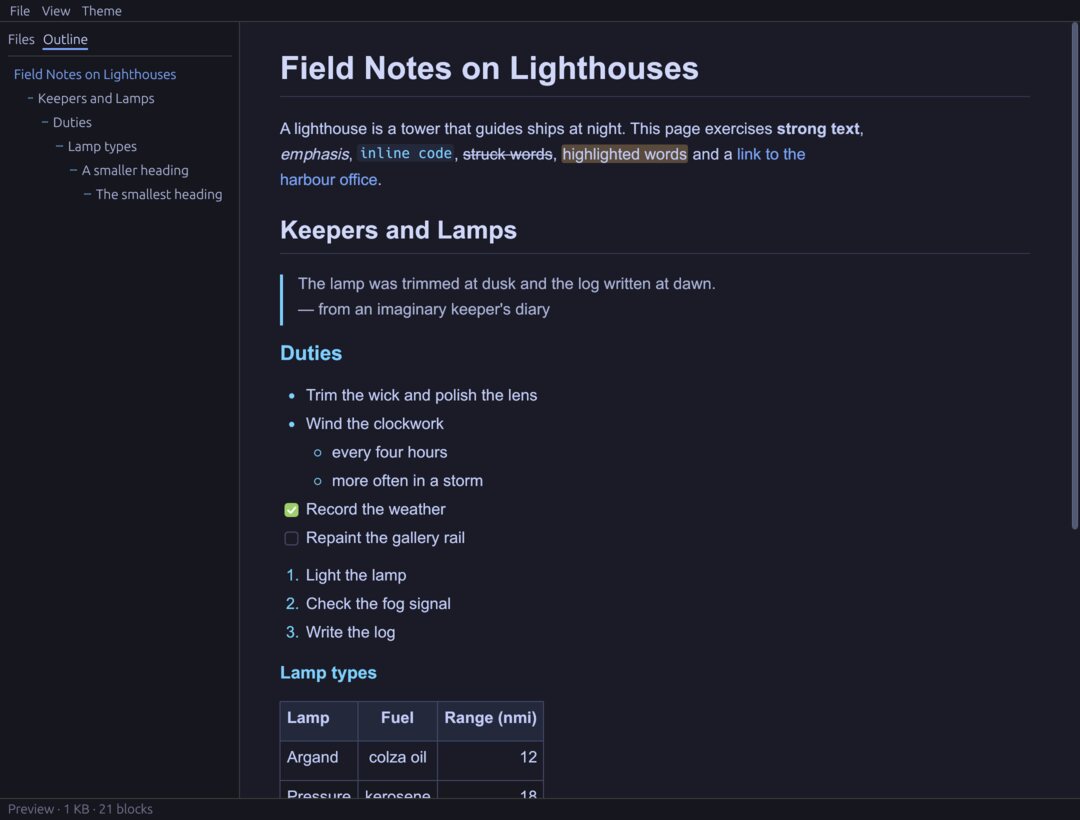 Markise with the Tokyo Night theme: a dark outline sidebar listing the document's headings next to the rendered document.